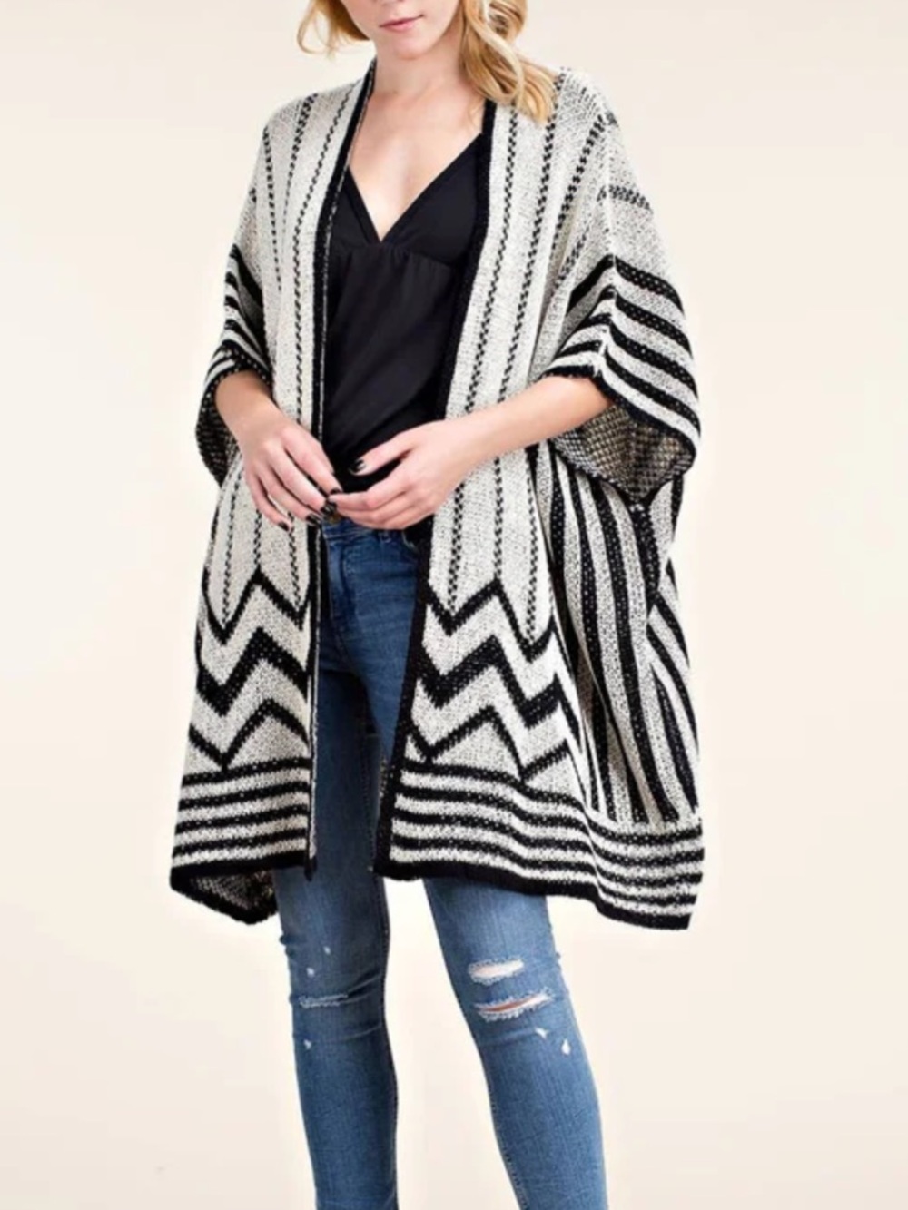 NWT Voice of California Boho Black Striped Open-Front Cardigan M